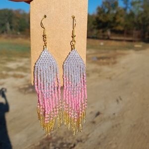 Purple, Pink, And Gold Beaded Fringe Earrings